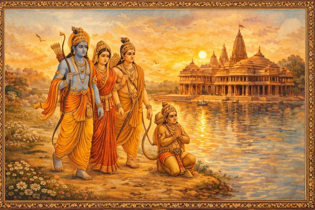 Rama, Sita, and Hanuman at sunrise